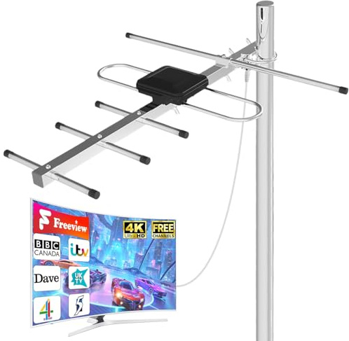 Outdoor TV Aerial for Freeview & Freeview HD, High Gain Digital TV Aerial with VHF/UHF Reception, Supports 4K/1080P & DAB, Outdoor/Loft/Roof TV Aerial with 10m Coaxial Cable (Pole Not Included)