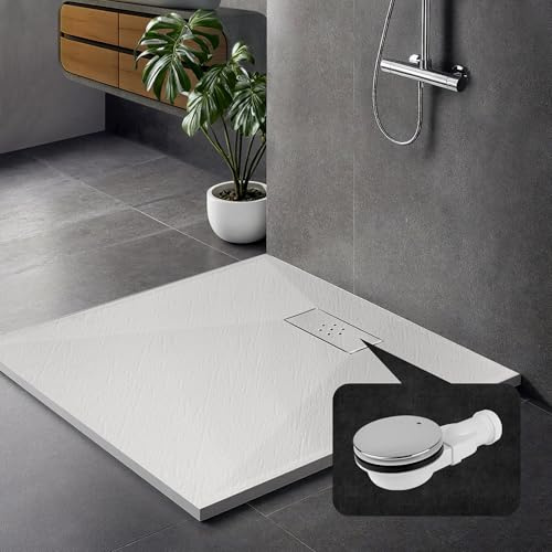 JWS Design Duschwanne Steinoptik SMC Antirutsch flache Duschtasse mit Ablaufgarnitur aus Edelstahl – ultraflach 26 mm – für bodenebene oder Aufputz Montage, Weiß, 90 x 90 cm