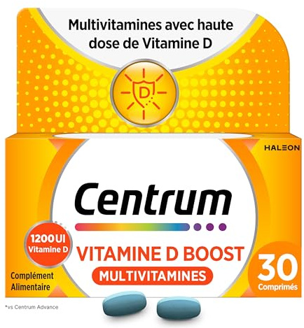 Centrum Vitamine D Boost - Multivitamines pour Femme et Homme - 23 nutriments Vitamine D, B6, B12, & Magnésium - Complément Alimentaire Énergie, Immunité & Fonction Musculaire - 30 comprimés - 1 Mois