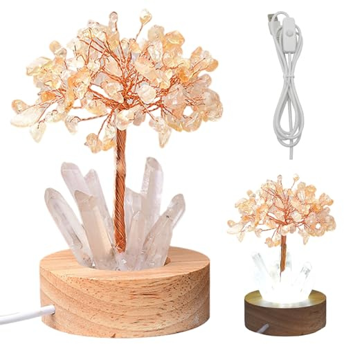 Syglawnd Quarzo rosa, Lampada ricchezza Albero di naturale Luce notturna Feng Shui Bonsai Spina USB Albero dei soldi Luce notturna per soggiorno Giallo