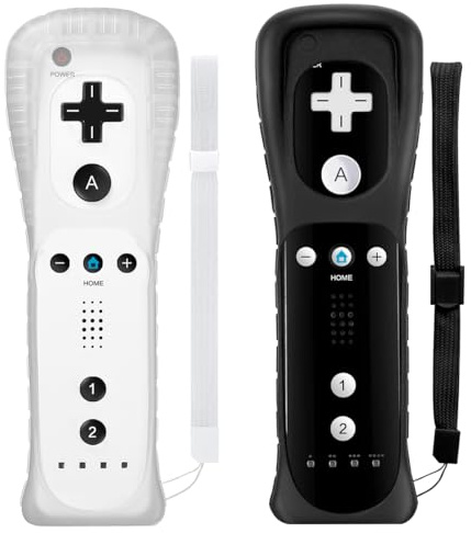 Wii Controller 2 Pack,Controller mit Silikonhülle und Handgelenkriemen | Nicht Motion Plus,Schwarz Weiß