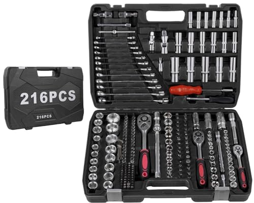 Teodute 216Pcs Coffret de Douilles, 1/4, 3/8, 1/2 Coffret a Douille avec Embouts, Acier au Chrome Vanadium avec Rallonges, Coffret Douille Cliquet pour Réparations Automobiles Domestiques