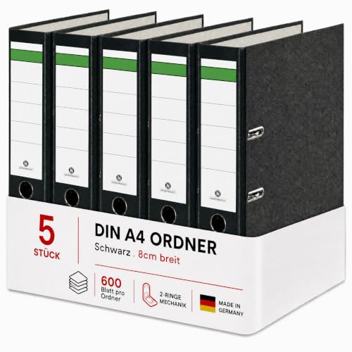 Conipa Ordner A4 Breit 8 cm, 5 Stück, Schwarz, für bis zu 600 Blatt | Robuste Aktenordner mit 2-Ring-Hebelmechanik, Griffloch und Recyclingkarton – für Büro, Schule & Homeoffice, Made in Germany