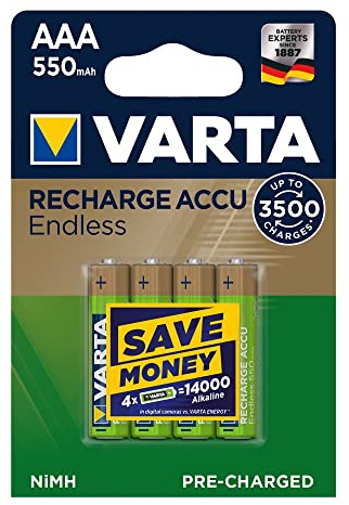 Varta Endless Energy AAA Micro Ni-Mh Rechargeable Battery, 4-pack, 550 mAh - up to 3,500 charging cycles, low self-discharge, pre-charged and Ready2Use - rechargeable without memory effect