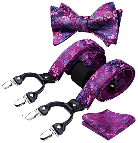 HISDERN Lila Hosenträger für Herren Paisley Y Form mit 6 starken Clips Längenverstellbar Herren Hosenträger und Fliege mit Einsteckuch…
