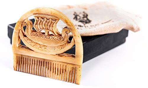 Norse Tradesman Authentic Viking Bone Beard Comb - Pocket Sized (8 cm), Exquisite Hand-Carved Viking Longship Design - Men's Grooming Gift