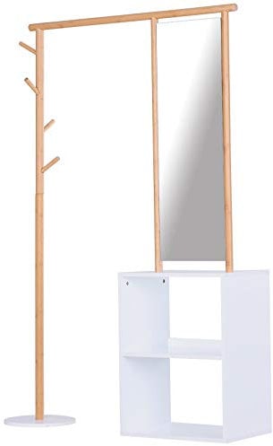 HOMCOM Porte-manteaux meuble d'entrée vestiaire penderie avec miroir 4 patères 2 niches dim. 100L x 34l x 164H cm MDF blanc bois massif bambou