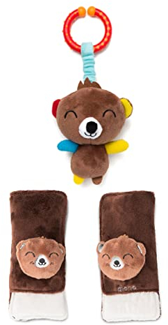 Diono Bear Character Car Seat Straps & Linkee Toy, Shoulder Pads for Baby, Infant, Toddler, 2 Pack Reversible Soft Seat Belt Cushion and Stroller Harness Covers Helps Prevent Strap irritation