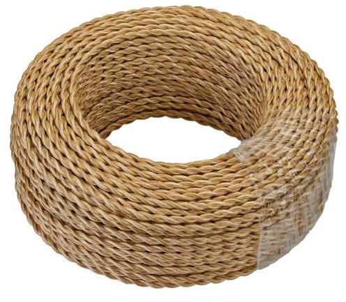 GreenSun Câble Electrique Textile 20M,Câble textile pour lampe Câble d'alimentation Fil de cuivre recouvert de lin 2 noyaux(2x0,75 mm²),Pour DIY Pendentif Lampe,Or clair