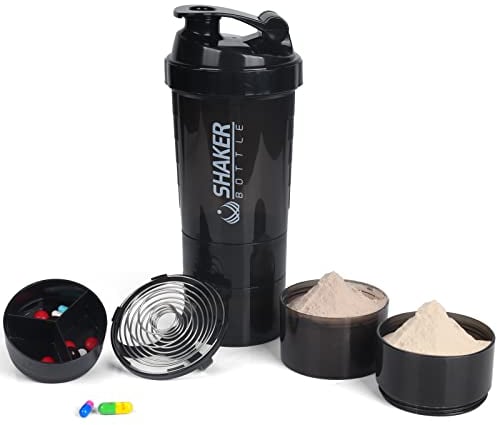 VECH Protein Shaker Bottle,GYM Shaker Cup for Protein Shakes, 16oz Shake Bottle with Ball and Storage Compartment,Leak-Proof,BPA Free (Black)