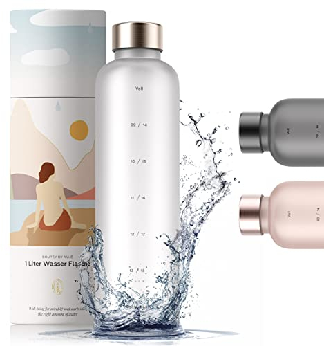 nujë Trinkflasche 1l Kohlensäure geeignet mit Zeitmarkierung (inkl. Geschenkverpackung) für Sport, Wandern, Fitness I Wasserflasche 1l auslaufsicher & BPA-frei
