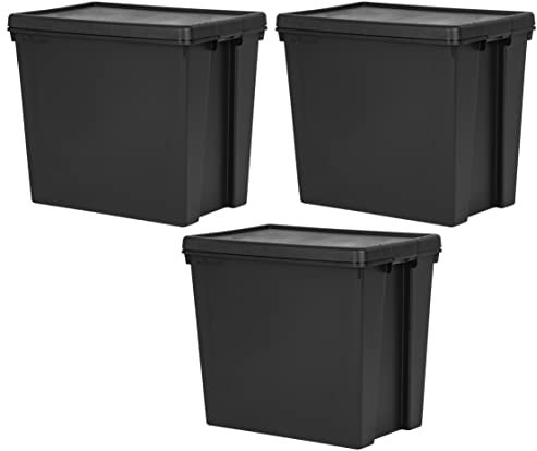 M1SS (Set of 3) - 92L Litre Bam Black Recycled Plastic Heavy Duty Storage Box With Lid Home Office Stackable Container