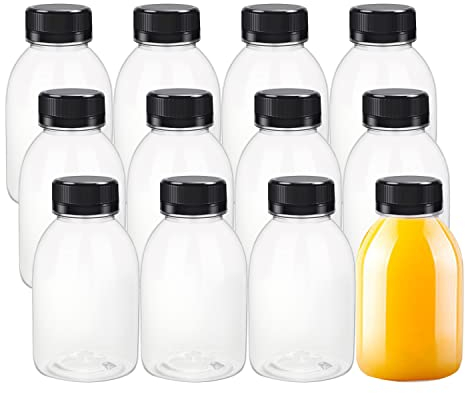 YBCPACK 12 Pack 8oz/250ml Plastic Juice Bottles with Tamper Seal Lids,Empty Reusable Bottles for Mini Fridge, Smoothie, Juice, and Other Beverages