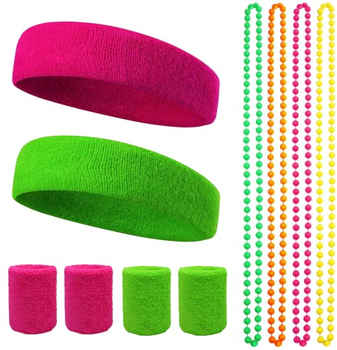 MOSNOW 12 Stück Schweißband Set, 80er Jahre Stirnband 2 Farben 80s Sportstirnband mit Armband Retro Party Accessoires für Damen Herren Sport Fasching Karneval Mottoparty JGA