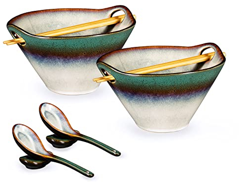 HENXFEN LEAD Juego de 2 cuencos de cerámica japonesa de 780ml con palillos y cuchara para sopa, ensalada, pasta, cereales y fideos - Verde