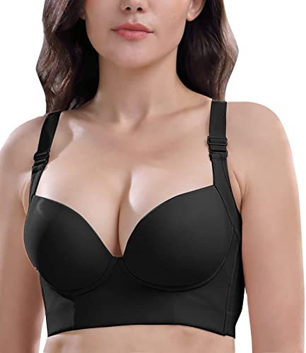 BIBILILI Full Back Coverage Bras for Women, Fashion Deep Cup Hide Back Fat Bra with Shapewear Incorporated Push Up Sports Bras Fashion Deep Cup Bra Black