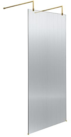 Hudson Reed WRAF19580BB Fluted Modern Bathroom Fluted 8mm Toughened Safety Glass Wetroom Screen with 2 Support Arms, 1950mm x 800mm, Brushed Brass