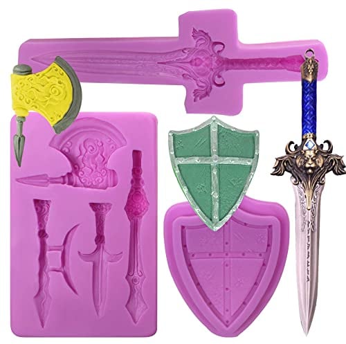 Sword Axe Silicone Fondant Molds, Shield Battle Chocolate Baking Mold for Cake Decoration Cupcake Topper Candy Sugar Craft Gum Paste Clay Resin