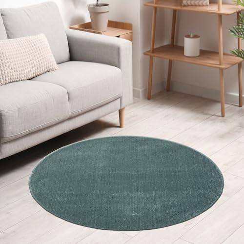 VIMODA Teppich rund Wohnzimmer Kurzflor Einfarbig für Schlafzimmer kinderzimmer weich Rund, Farbe:Turkis, Size:160 cm Round