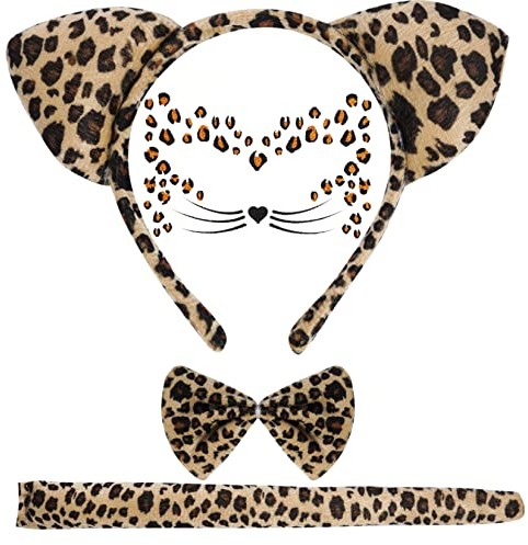 Baotongle Leopard Kostüm Set mit Gesicht Aufkleber, Tier Stirnband Fliege und Ohren für Kostüm Party Dekoration