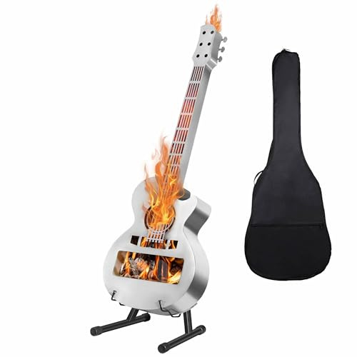 Tragbare Feuerstelle für den Außenbereich, personalisierbar, rauchfreier Kamin, Edelstahl, Gitarren-Stil, Feuerstelle mit Tragetasche für Camping, Party, Terrasse, Hof, Garten, Picknick, Lagerfeuer