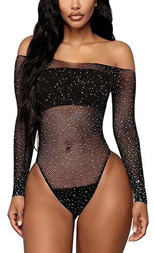 LOCCY Women Sexy Sheer Mesh Bodysuit Sexy Lingerie Glitter Long Sleeves Stretch Mesh See Through Bodysuit Black