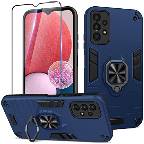 Btstring Hülle für Samsung Galaxy A13 mit Panzer Schutz Glas, Militär Standard Stoßfest Handyhülle Case Hybrid Metall Ring Halter Schutzhülle Handy Hüllen Cover- Blau