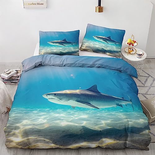 GEDAEUBA Sommer Bettwäsche 135x200 Hai - Meerestiere Bettbezug 135 x 200 2er Set, Wendebettwäsche und Kissenbezug 80x80, Weiche & Atmungsaktive Mikrofaser Bettwäsche-Sets mit Reißverschluss