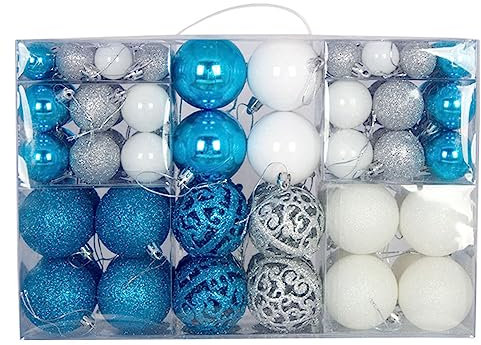 BSTMOME 2024 New 100 Pack Christmas Balls Ornaments,3 Colors Shatterproof Christmas Tree Baubles Combination for Festival Xmas Tree Holiday Wedding Party Decor 3 Sizes (Blue+White+Silver)