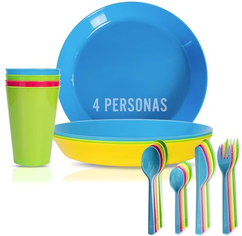 Mypicompany. Confezione da 4 piatti in plastica dura riutilizzabili+4 bicchieri+posate da campeggio per 4 persone. Adatti per forno a microonde e lavastoviglie. Accessori senza BPA.