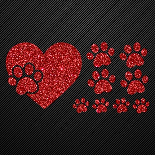 Glitzerdeals Bügelbilder Glitzer Pfote im Herz und kleine Pfoten rot Aufbügler für Textilien Karneval Kostüm Pfoten Bügelflicken Pfote Fasching Patch zum Aufbügeln Pfoten