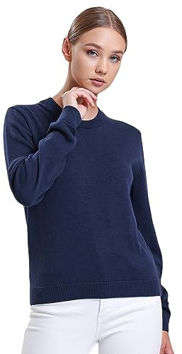alsestudio Women`s Crewneck Jumper 100% Cotton Premium Quality Silk Touch Long Sleeve Pullover Essential Style Knitted Sweaters for Women (Navy, L)