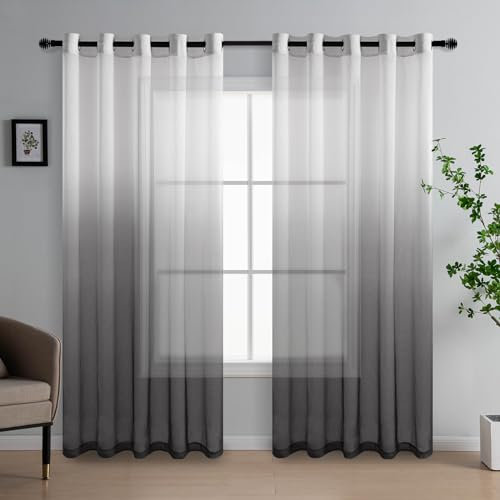 DWCN Black Gradient Curtains for Living RoomNet Curtain EyeletVoile Curtains 90 Drop Pair Sheer curtains for Bedroom Set of 2, 66 x 90 Inches