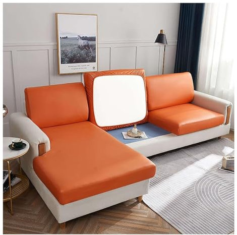 LUXRUB Pu Leder Couch Kissenbezug Wasserdicht Sofa Kissenbezug Wiederverwendbar Sitzkissen Schonbezug Abnehmbare Möbel Schutzhülle Für 1 2 3 Sitzer Sofa (Color : Orange, Size : 3 Seater)