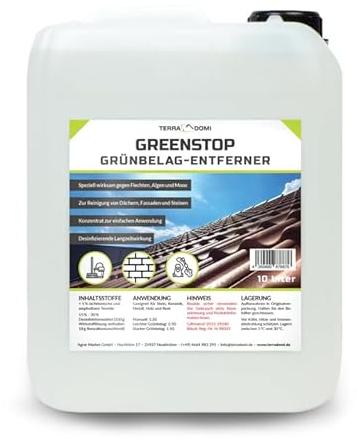 TerraDomi 10 Liter Greenstop für 3000m² I Grünbelagentferner gegen Flechten und Algen I Dachreiniger, Steinreiniger & Fassadenreiniger I Hochkonzentrat gegen Algen & Flechten