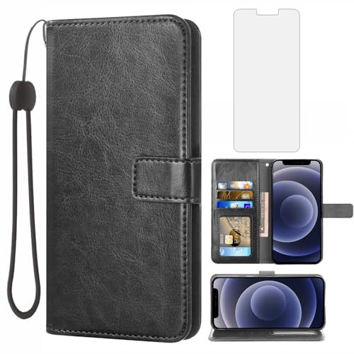 Asuwish Mobile Phone Case for iPhone 12 Mini Case with Film, Screen Protector and Card Slot, Foldable Leather Wallet, Stand, Mobile Phone Cases, iPhone i 12 Mini Case, Mobile Phone Case, Black