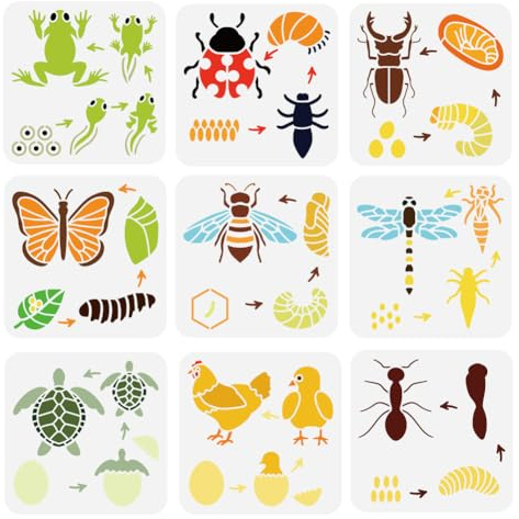 FINGERINSPIRE 9 Stück Tierwachstums Malschablone 20x20 cm Tierwachstumszyklus Schablone Frosch Marienkäfer Hirsch Käfer Schmetterling Biene Libelle Schildkröte Huhn Ameise Muster Tierthema Vorlage