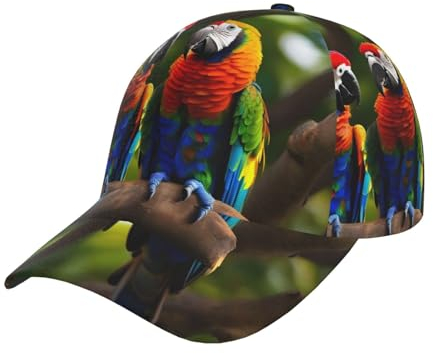 YQxwJL Wimpernlippe Weißer Druck Baseballkappe Herren Damen Verstellbare Outdoor Hut Papa Hut Einstellbare Größe, Bunte Papageien auf Baum, Einheitsgr��e
