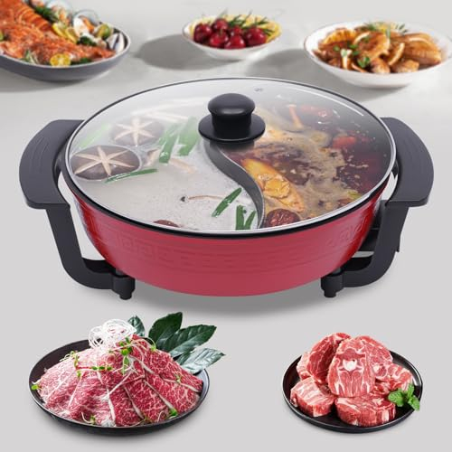 Qussse 1360W Elektrische Hot Pot, 6L Twin Hot Pot Shabu mit 2 Kammern 30cm Kochtopf Suppentöpfe Feuertopf mit Deckel