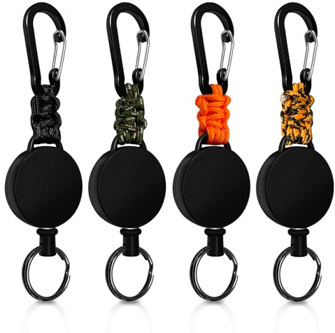 Llavero Retráctil, Llavero Extensible 4 Piezas, Llavero Retractil Cable Acero 60 cm, Llavero de Mosquetón con Clip Paracord, Mosquetón de Carrete (Negro+Verde+Naranja+Negro anaranjado)