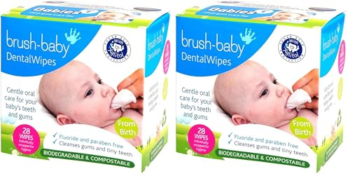 Brush-Baby DentalWipes for Babies, Stage 1 Birth, First Teeth, Suitable from 0-16 Months, Soft & Gently Clean Your Baby’s Mouth, Gums and Tongue, Individually Wrapped, White, 28 Count (Pack of 2)