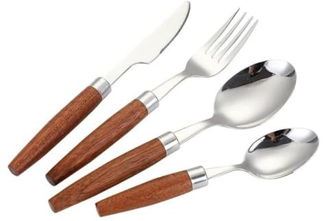 Unique Wooden Handle Kitchen Stainless Steel Silverware Tableware Flatware Cutlery Set Steak Knife Fork Spoon Teaspoon (Silver,4 Pieces)