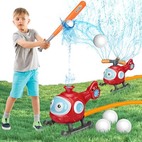 Wasser Sprinkler, 2 in 1 Outdoor Flugzeug Sprinkler T Ball Set für Kinder, sprüht bis zu 8ft hoch mit 2 Sprinklerköpfen 360° kreisenden Spray für Jungen Mädchen