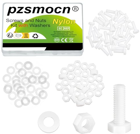 Pzsmocn 90 Stück/30 Sätze M8*25 mm Weißes Nylon Kunststoff Äußeres Sechseck Schrauben-Muttern-Kombinationsset mit Isolierscheibe, Standardgröße für Heimwerker und Elektronische Montage.