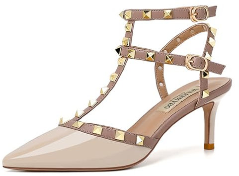 FamMe Damen-Pumps mit Nieten, Slingback-Kitten-Heels, spitzer Zehenbereich, T-Knöchelriemen, Stiletto-Sandalen, Hochzeits-Party-Kleid, Pump-Schuhe,Braun,39