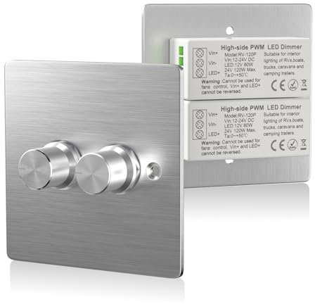 TobeBright interruptor 12v,DC 24V Doble interruptor regulador luz,120W 5A PWM RV LED Reguladores de luz 2Gang Rotary RV LED Dimmer para luces LED de 12V en autocaravanas/caravanas/barcos-Plata