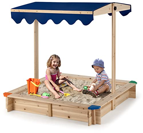 GOPLUS Sandkasten mit verstellbarem Sonnenschutz, 121x121 cm Outdoor Sandkiste aus Zedernholz, bodenloses Design mit UV-beständigem Dach, Sandbox für Kleinkinder für Zuhause Hinterhof Strand