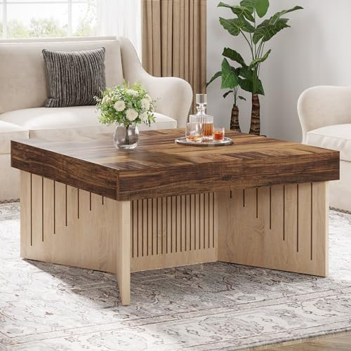 Tribesigns Quadratisch Couchtisch, wohnzimmertisch aus Holz, Bauernhaus-Couchtisch in der Mitte mit gravierten Linien, Kaffeetisch Sofatisch für Wohnzimmer, Balkon und Büro, 90 x 90 x 50 cm