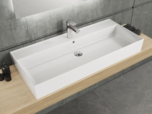 Aqua Bagno Basic, Design Waschbecken im modernen Stil, Waschtisch aus Keramik, Aufsatzwaschbecken in weiß | 100x45x13cm