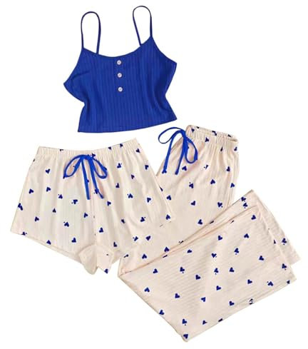 Pigiama natalizio abbinato da donna, caldo pigiama da donna, 3 pezzi, con stampa a cuore, pantaloncini e pantaloni, Blu, L